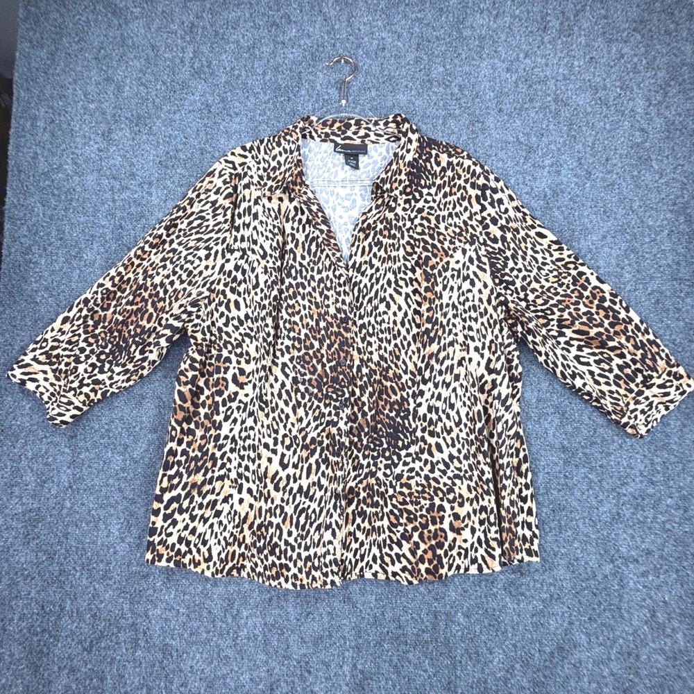 Lane Bryant Leopard Print Button Front Blouse 3/4‎ Sleeve Tan Black Size 28
